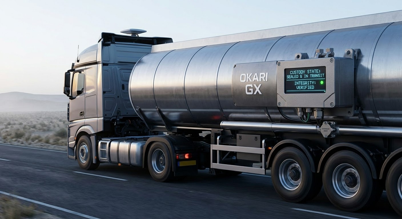 Fuel tanker in transit with satellite uplink keeping the Okari GX custody chain alive across remote routes