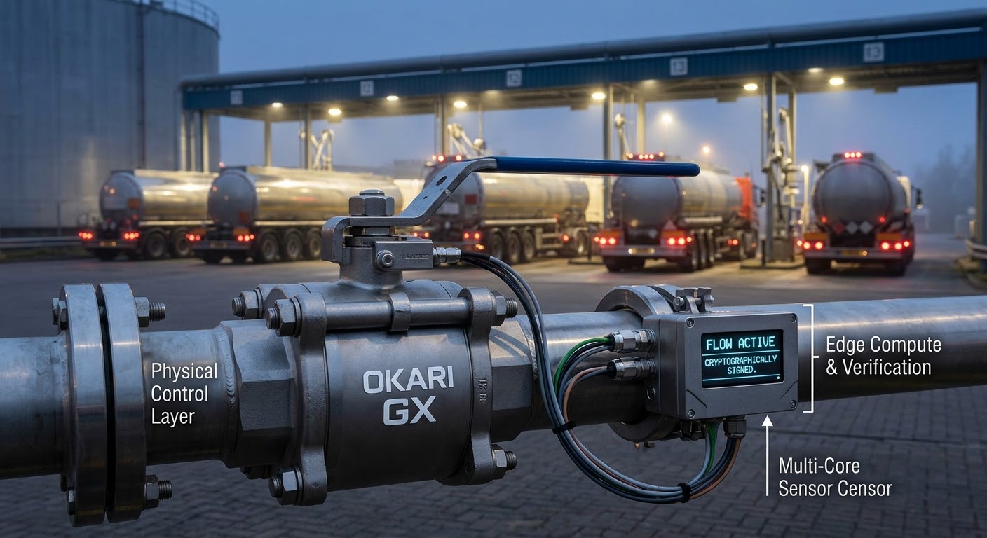 Smart-valve Okari GX hardware annotated with edge compute, multi-core sensor and physical control layer for hydrocarbon custody verification